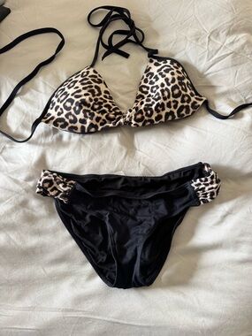Leopard Print Triangle Bikini Top with Black Briefs - Women's Swim Set